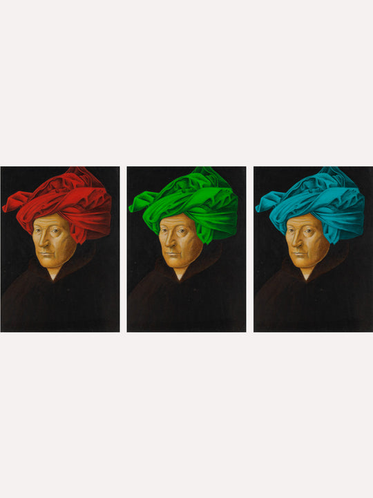 giza with a red, yellow and blue towel on his head